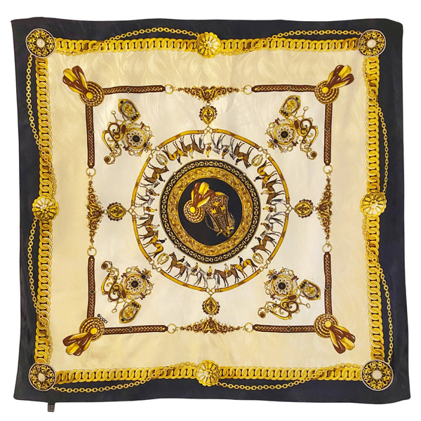 1970 Gucci Silk Scarf Navy & Gold Equestrian Chain Print