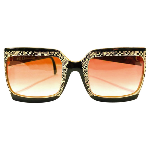 1970s-80s Christian Dior Oversized Sunglasses - Black Gold Checkerboard Geometric - STYLE-CHNGR