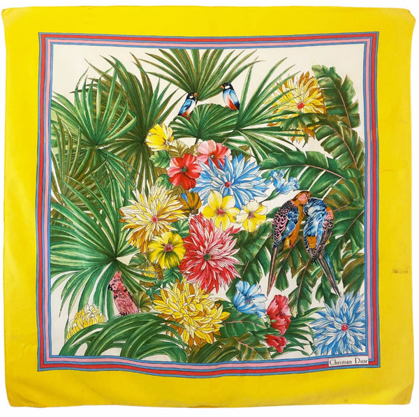 1970s Christian Dior Tropical Print  Parrots Palm Leaves Silk Scarf