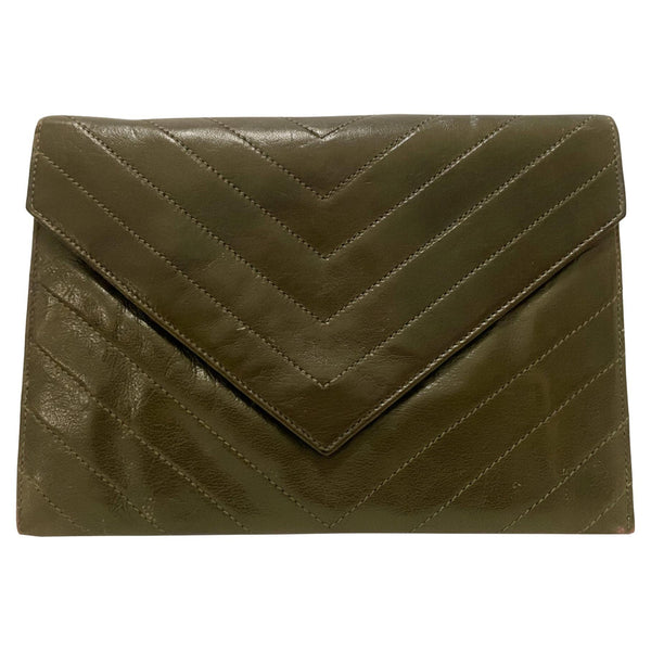 1970s YSL Yves Saint Laurent Avocado Green Leather Envelope Clutch Bag - STYLE-CHNGR