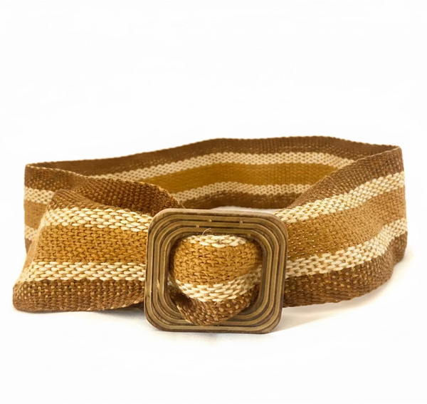 1970s Christian Dior Striped Boho Hippie Woven Belt with Wooden Buckle