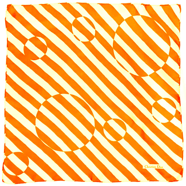 1980S Christian Dior Orange White Stripe Circle Geometric Abstract Print Silk Scarf