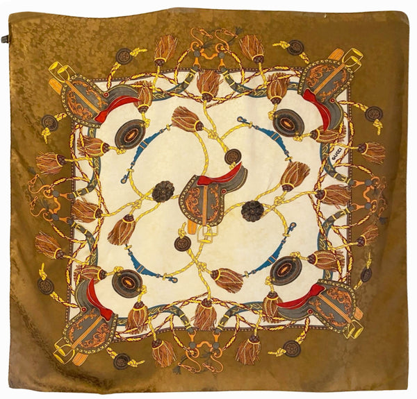 1980S Gucci Silk Scarf – Equestrian Print – Brown & Gold