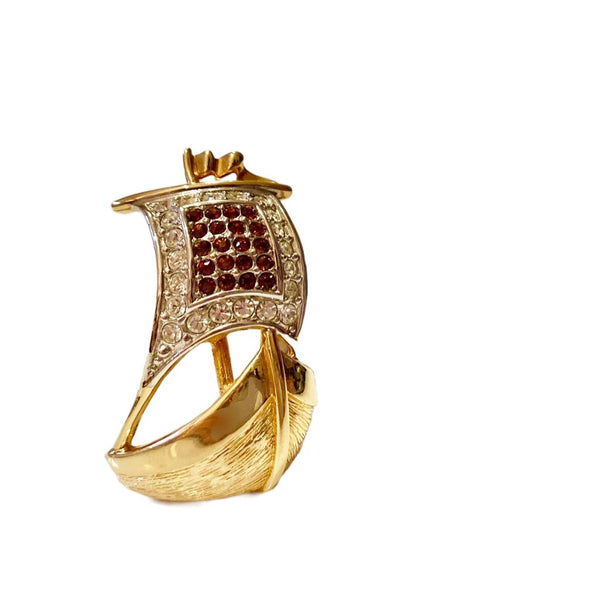 1980s Burberry Sailing Ship Pave Crystal Gold Plated Brooch Pin - STYLE-CHNGR