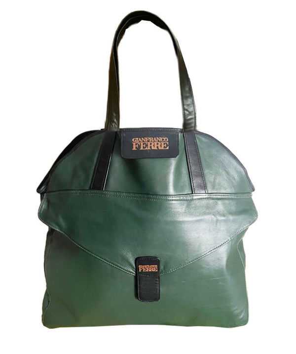 1980s Gianfranco Ferre Green Leather Shoulder Shopper Tote Bag - STYLE-CHNGR