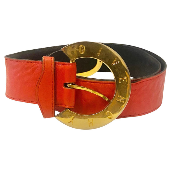 1980s Givenchy Red Soft Leather Belt with Gold Engraved Logo Buckle - STYLE-CHNGR