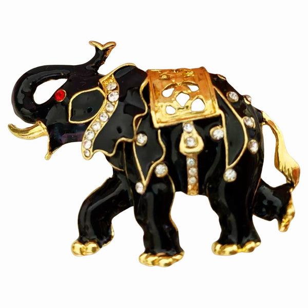 1980s Pierre Cardin Enameled Indian Elephant Gold Metal Brooch - STYLE-CHNGR