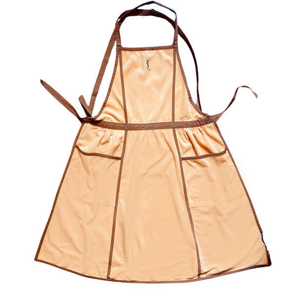1980s Yves Saint Laurent Apron Brown Trim with Embroidered YSL Logo