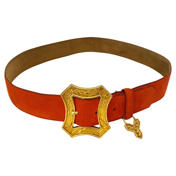 1980s Yves Saint Laurent Red Suede Gold Buckle High Waist Belt - STYLE-CHNGR