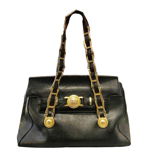 1980s Gianni Versace Black Leather Medusa Shoulder Bag - STYLE-CHNGR