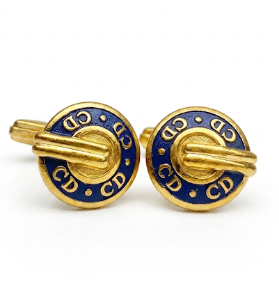 1980s Christian Dior Lacquered Blue Gold Vintage Cufflinks 