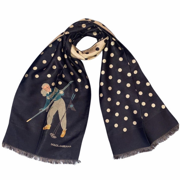 1990s Dolce &amp; Gabbana Vintage Skier Polka Navy Long Scarf - STYLE-CHNGR