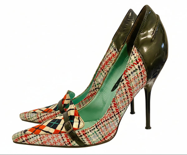 1990s Versus Versace Tweed & Patent Leather Stiletto Heels – Geometric Print