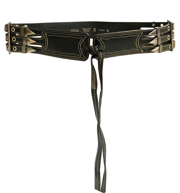 1990s Gianfranco Ferre Black Leather Metal Spike Belt - STYLE-CHNGR