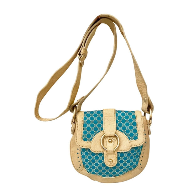 2000s CELINE Shoulder Bag Pochette Macadam Pattern Blue Ivory White Canvas Leather - STYLE-CHNGR
