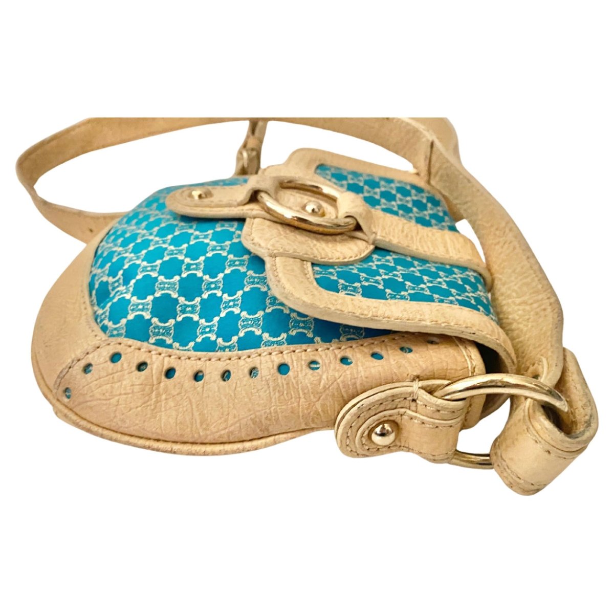 2000s CELINE Shoulder Bag Pochette Macadam Pattern Blue Ivory White Canvas Leather - STYLE-CHNGR