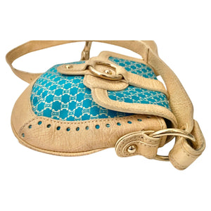 2000s CELINE Shoulder Bag Pochette Macadam Pattern Blue Ivory White Canvas Leather - STYLE-CHNGR