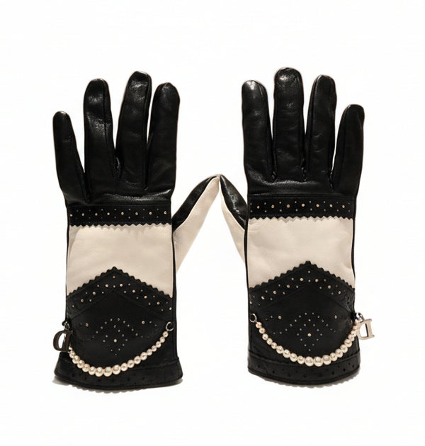 2000s Christian Dior by John Galliano D-Trick Lambskin Black White Pearls Gloves - STYLE-CHNGR