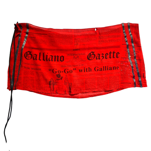 2000s John Galliano Gazette Red Newspaper Print Sarong Wrap Mini Skirt