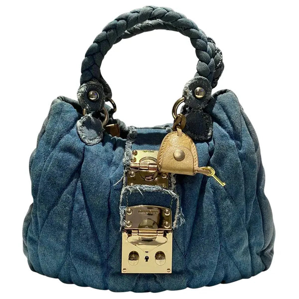 2000s Miu Miu Washed Out Denim Matelasse Shoulder Bag - STYLE-CHNGR