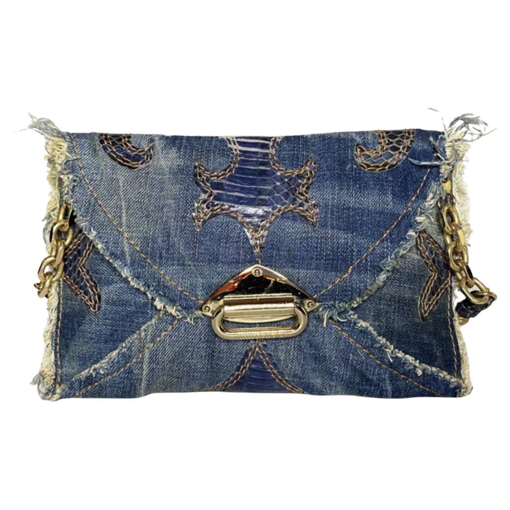 2000s Jimmy Choo Blue Denim Leather Shoulder Clutch bag with strap - STYLE-CHNGR