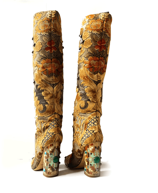 Dolce & Gabbana Multicolor Brocade Fabric Over The Knee Boots - STYLE-CHNGR