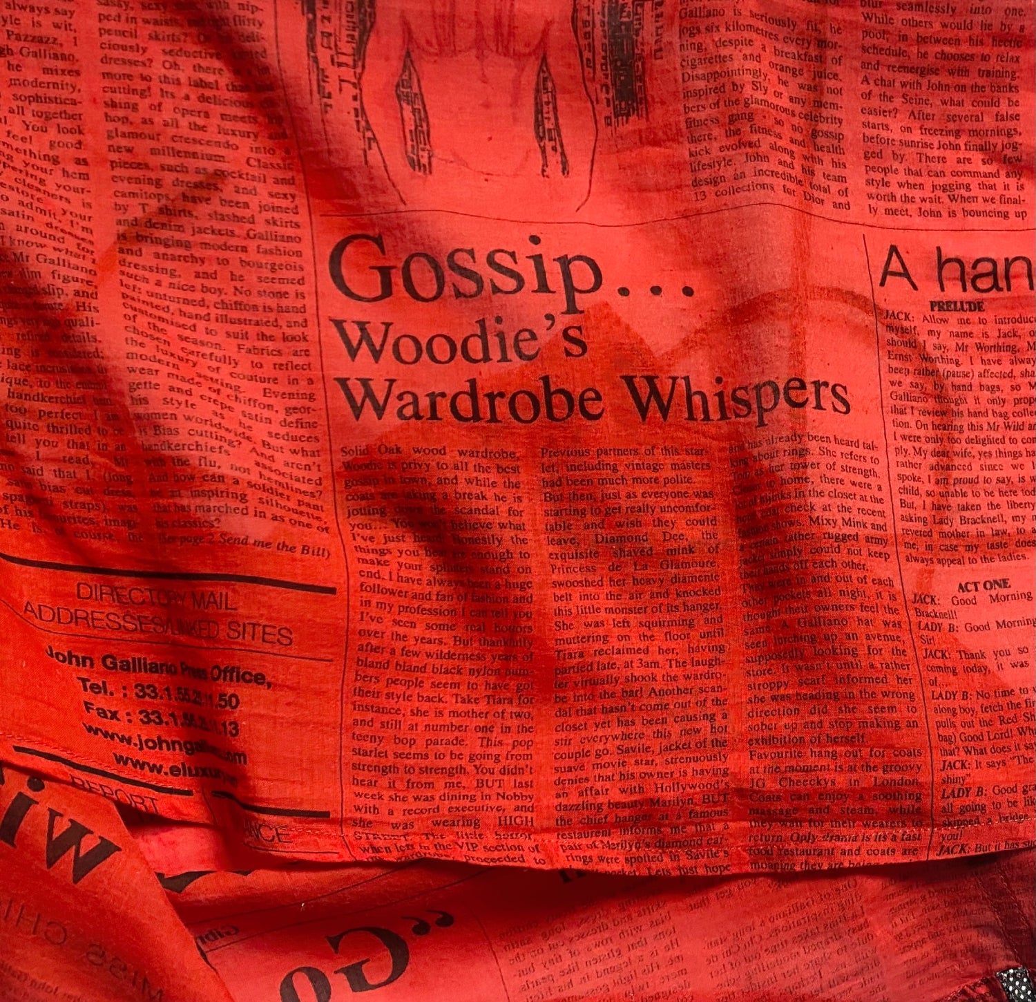 2000s John Galliano Gazette Red Newspaper Print Sarong Wrap Mini Skirt
