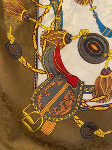 1980S Gucci Silk Scarf – Equestrian Print – Brown & Gold