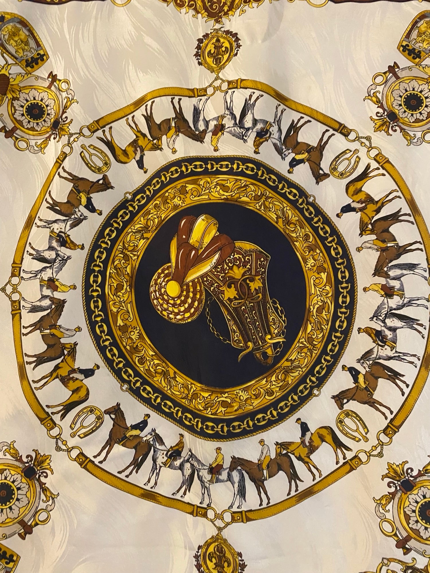 1970 Gucci Silk Scarf Navy & Gold Equestrian Chain Print
