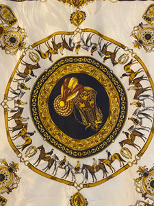 1970 Gucci Silk Scarf Navy & Gold Equestrian Chain Print