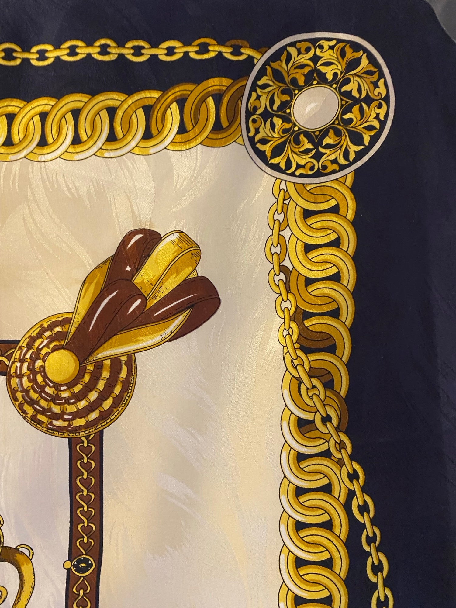 1970 Gucci Silk Scarf Navy & Gold Equestrian Chain Print