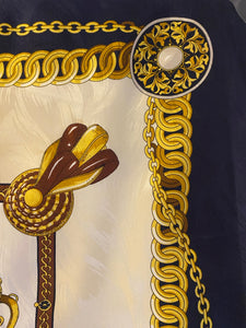 1970 Gucci Silk Scarf Navy & Gold Equestrian Chain Print