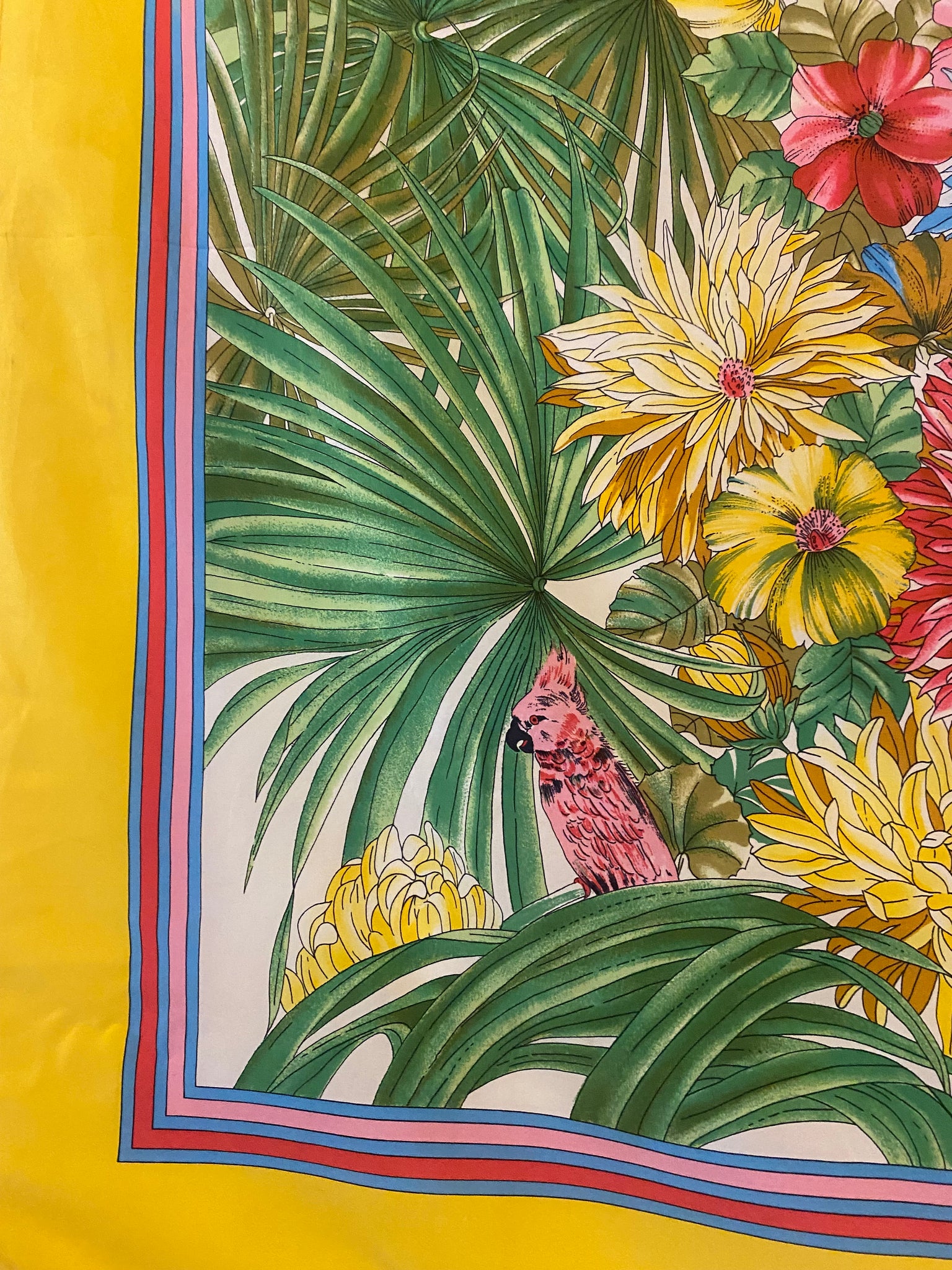 1970s Christian Dior Tropical Print  Parrots Palm Leaves Silk Scarf
