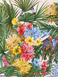 1970s Christian Dior Tropical Print  Parrots Palm Leaves Silk Scarf
