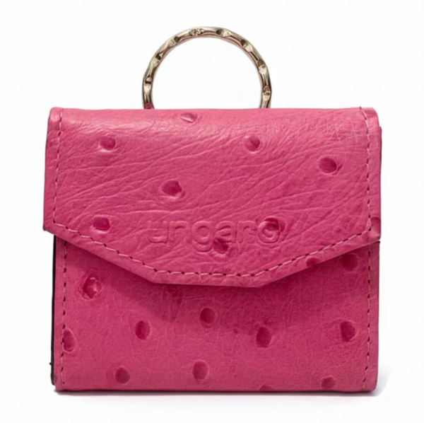 1980s Ungaro Pink Ostrich Leather Keyring Mini Wallet