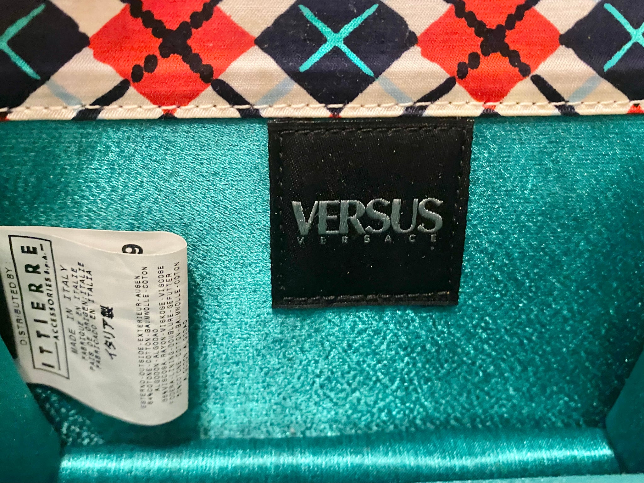 1990s Gianni Versace Versus Rhombus Print Handbag with Chrome-Plated Handle