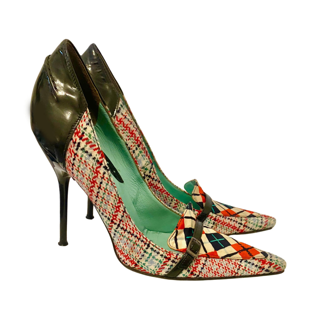 1990s Versus Versace Tweed & Patent Leather Stiletto Heels – Geometric Print
