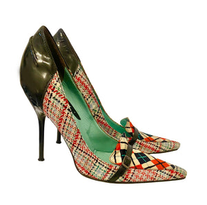 1990s Versus Versace Tweed & Patent Leather Stiletto Heels – Geometric Print