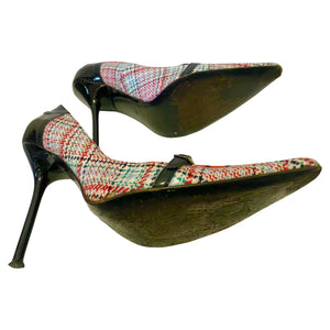 1990s Versus Versace Tweed & Patent Leather Stiletto Heels – Geometric Print