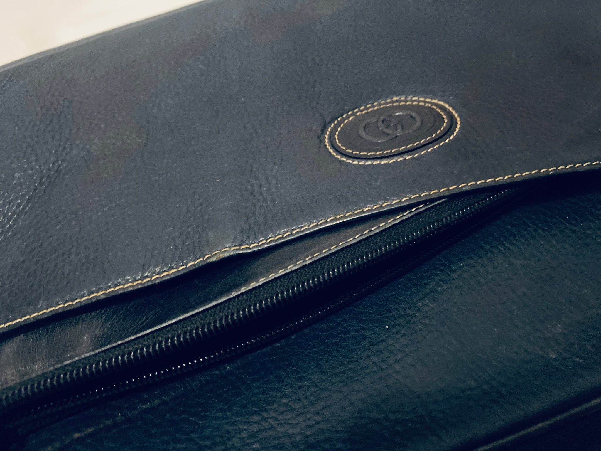 1980s Gucci Navy Blue Leather Document Holder Zipped Briefcase Handbag