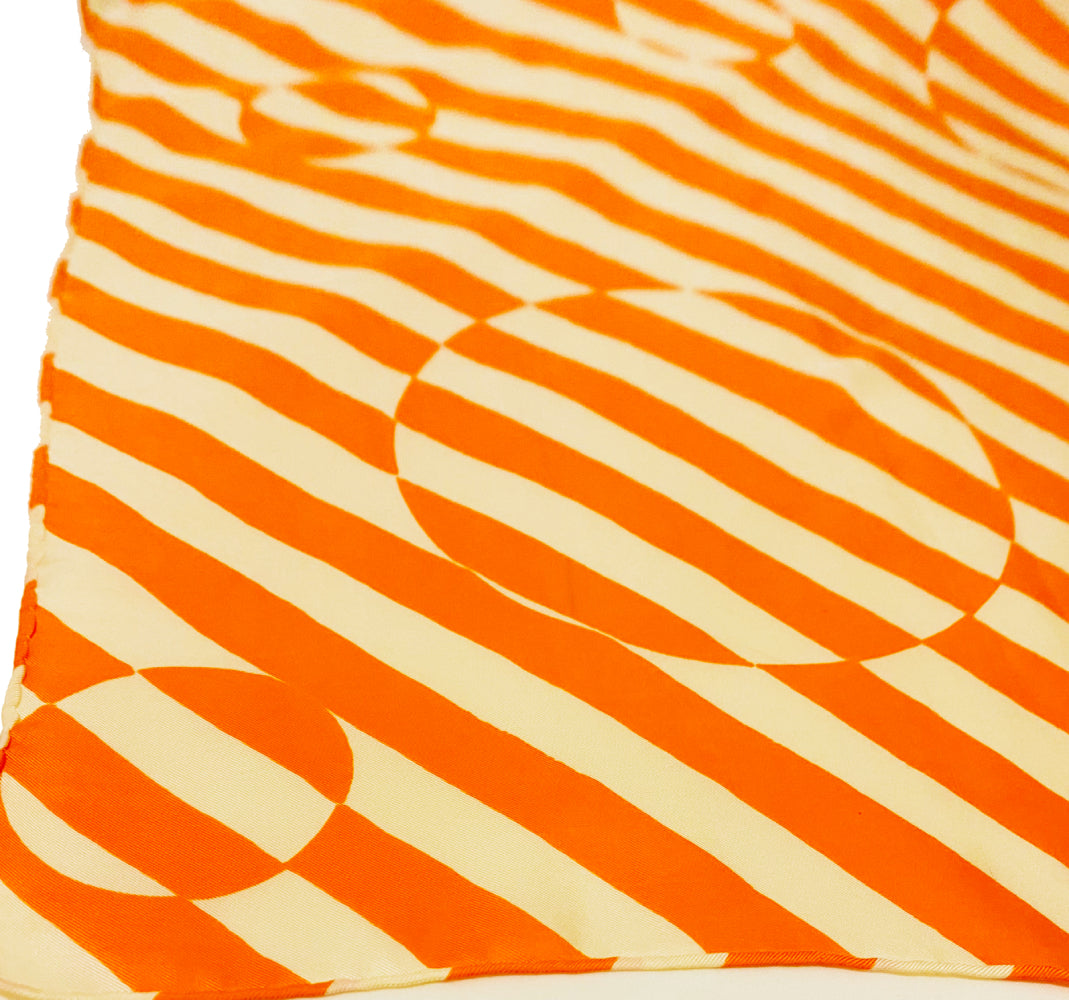 1980S Christian Dior Orange White Stripe Circle Geometric Abstract Print Silk Scarf