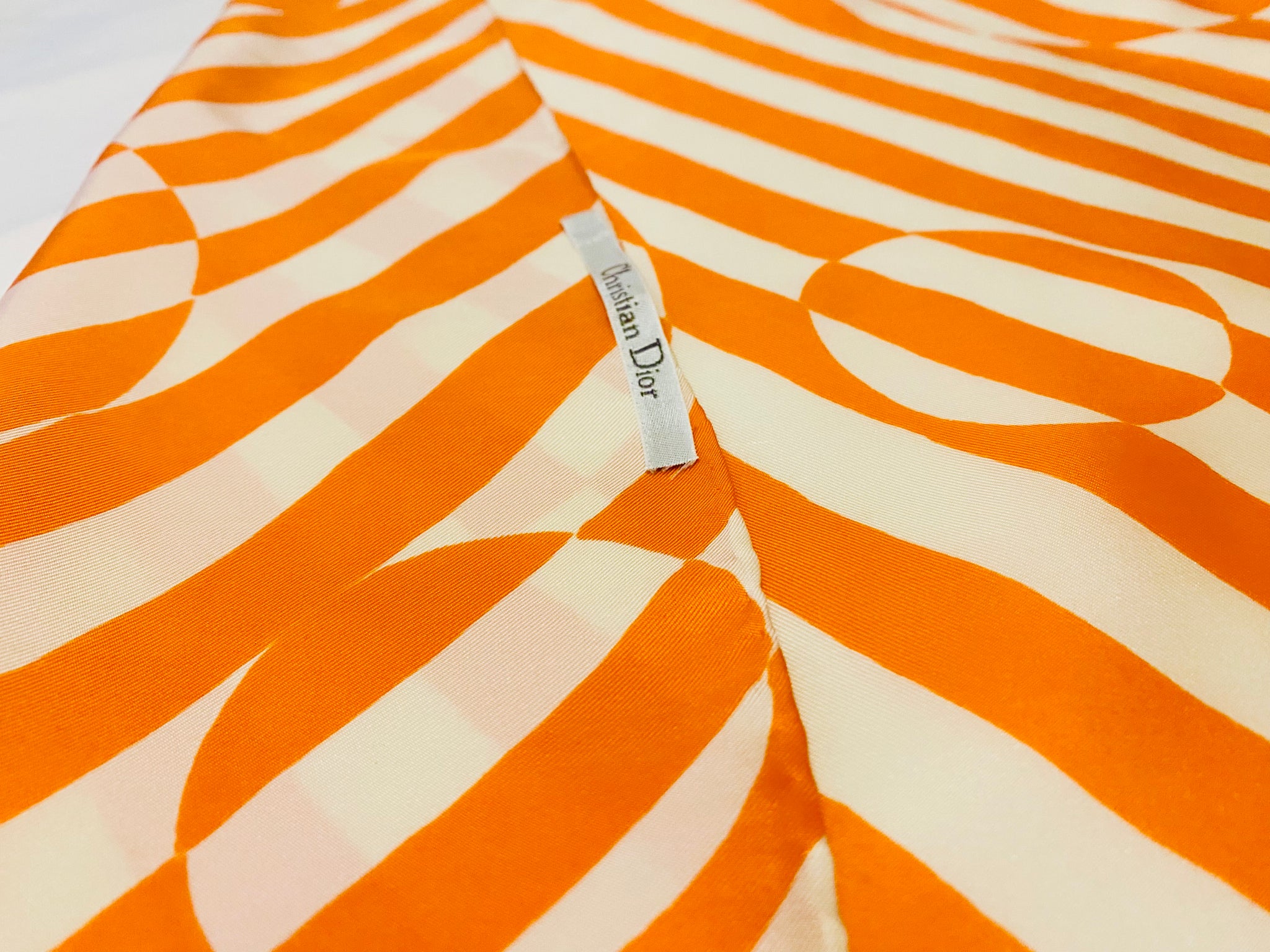 1980S Christian Dior Orange White Stripe Circle Geometric Abstract Print Silk Scarf