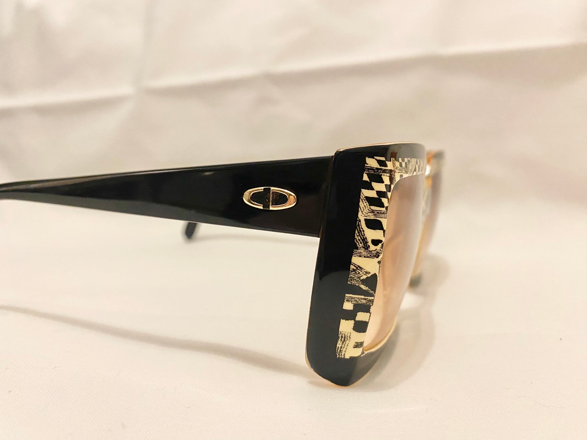 1970s-80s Christian Dior Oversized Sunglasses - Black Gold Checkerboard Geometric