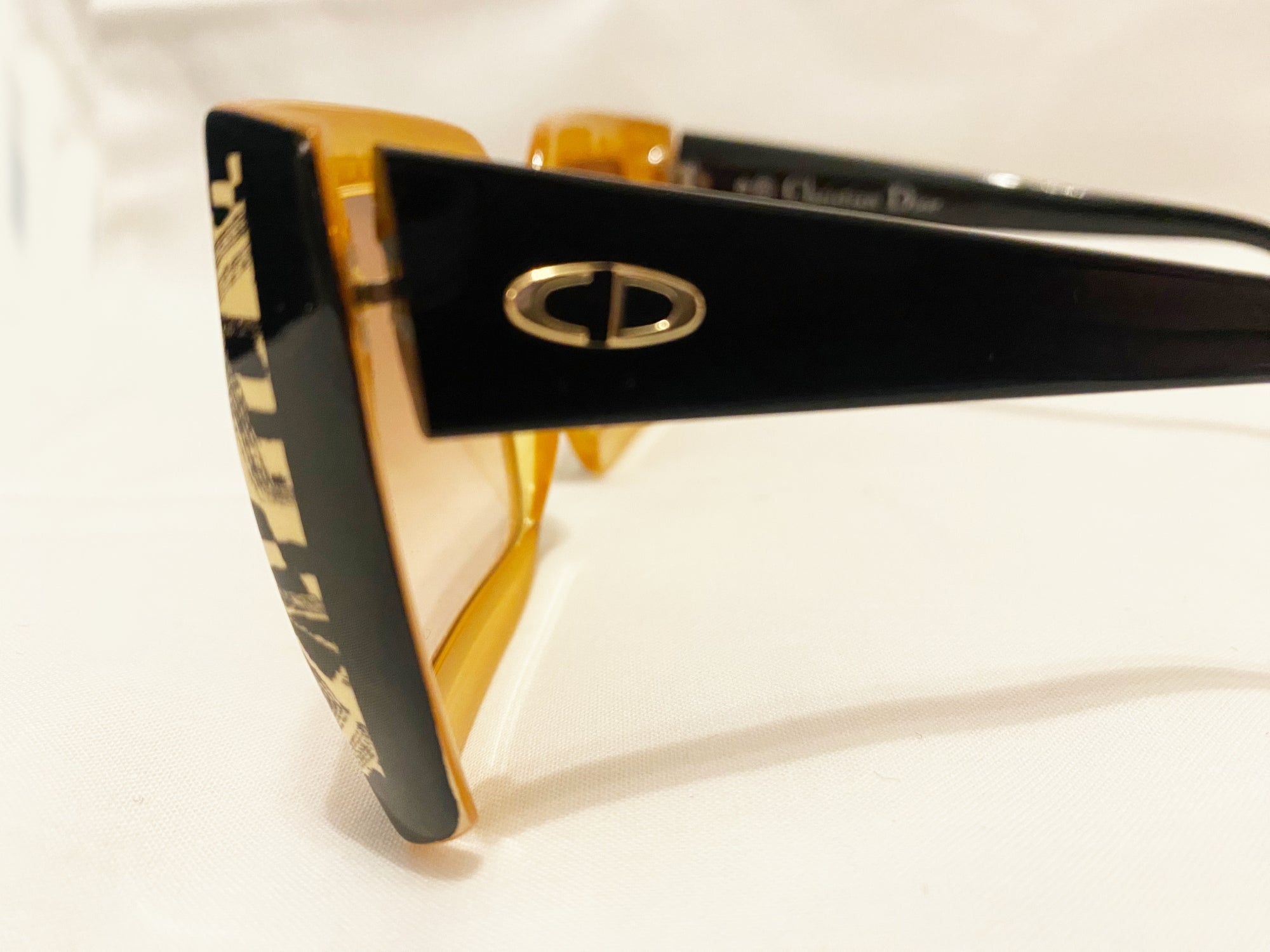 1970s-80s Christian Dior Oversized Sunglasses - Black Gold Checkerboard Geometric