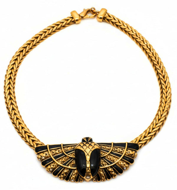 1990s Archival Roberto Cavalli Egyptian Scarab Brass Enameled Necklace