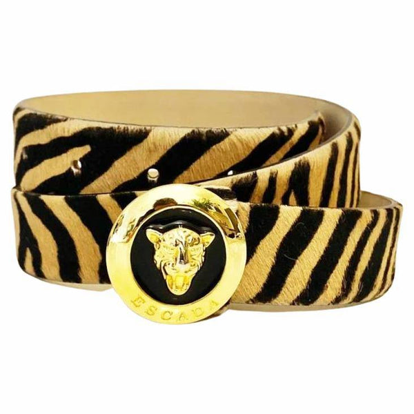 1980s Escada Pony Animal Print Belt with Gold Leopard Charm Buckle - STYLE-CHNGR