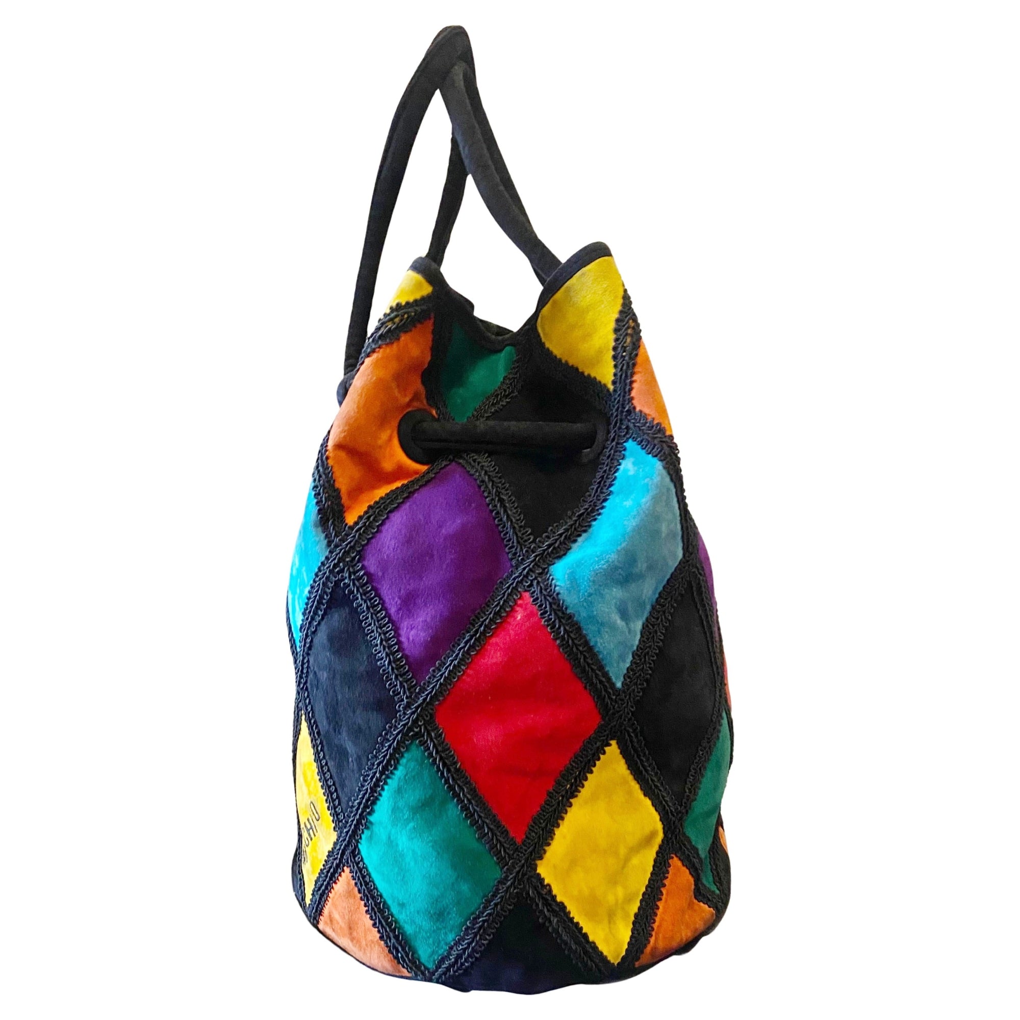 1980s Moschino By Redwall Harlequin Bucket Bag  Multicolor Patchwork