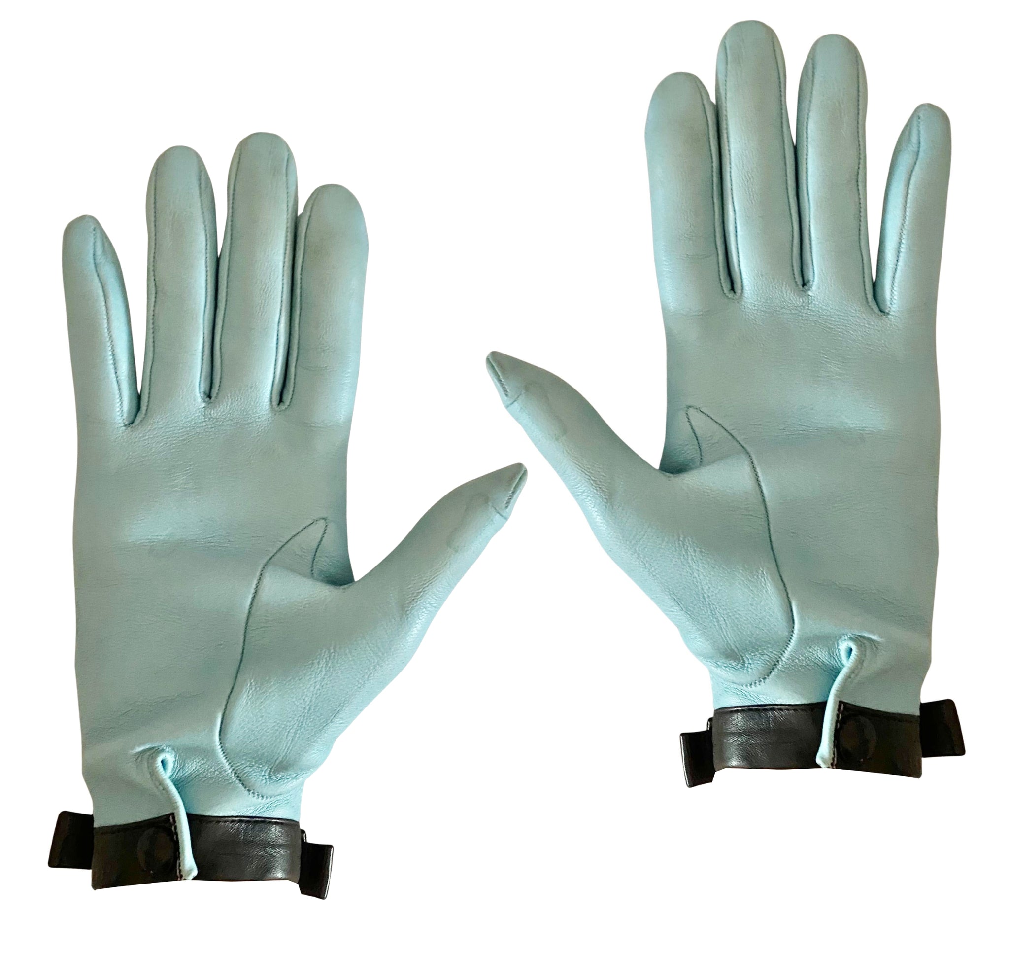 1960s Christian Dior Vintage Sky Blue Leather Gloves with Black Bow