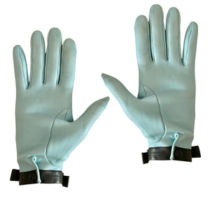 1960s Christian Dior Vintage Sky Blue Leather Gloves with Black Bow