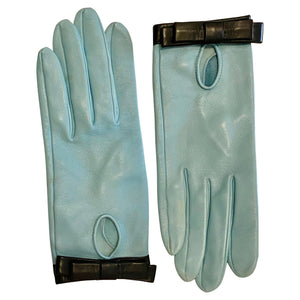 1960s Christian Dior Vintage Sky Blue Leather Gloves with Black Bow